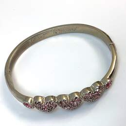 Designer Betsey Johnson Silver-Tone Pink Rhinestone Heart Hinged Bangle Bracelet alternative image