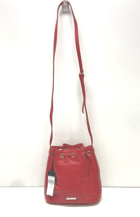 BCBGMaxazria Leather Kaycie Drawstring Bucket Bag Bright Red image number 2