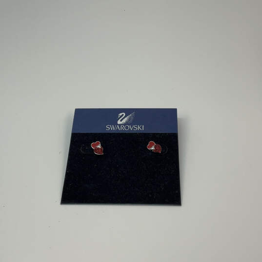 Designer Swarovski Silver-Tone Red Crystal Stone Heart Shape Stud Earrings image number 2
