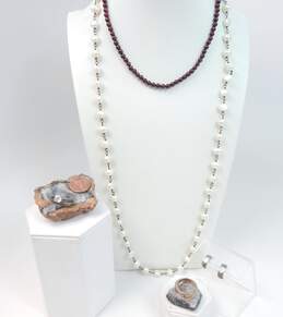 925 Silver CZ Demi Hoop Earrings Rings With Pearl & Garnet Necklaces 71.4g alternative image