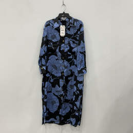 NWT Womens Blue Black Floral Long Sleeve Button Front Dress Shirt Size XL