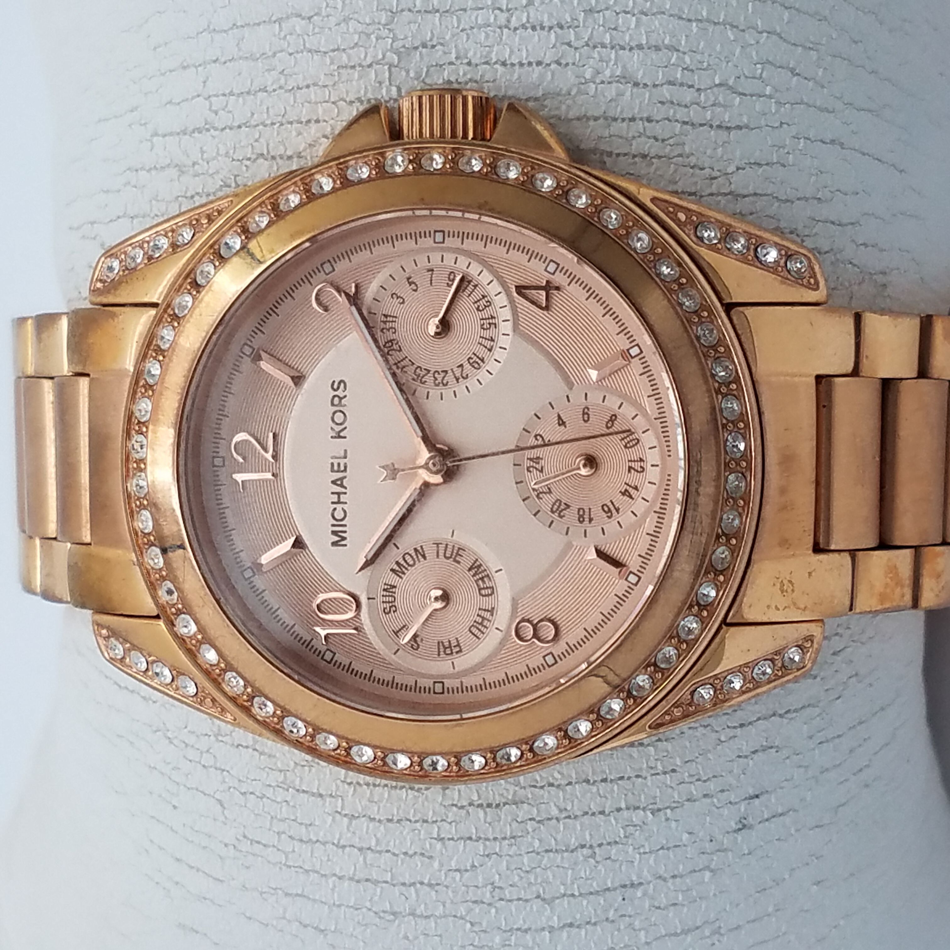 Buy the Michael Kors MK5613 Rose Gold Tone Crystal Chronograph Watch NOT  RUNNING  GoodwillFinds