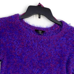 Womens Purple Blue Fuzzy Crew Neck Long Sleeve Pullover Sweater Size 2