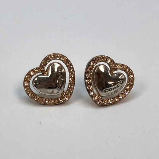 Designer Coach Silver-Tone Heart Shape Stud Earrings With Dust Bag image number 3