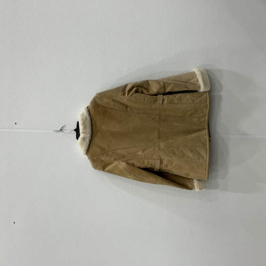 Womens Beige Long Sleeve Fur Spread Collar Pocket Full-Zip Jacket Size M image number 2
