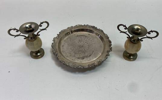 Miniature Mid Century Silver Plate Vases/Tray Decorative Pair of Onyx Bud Vases image number 1