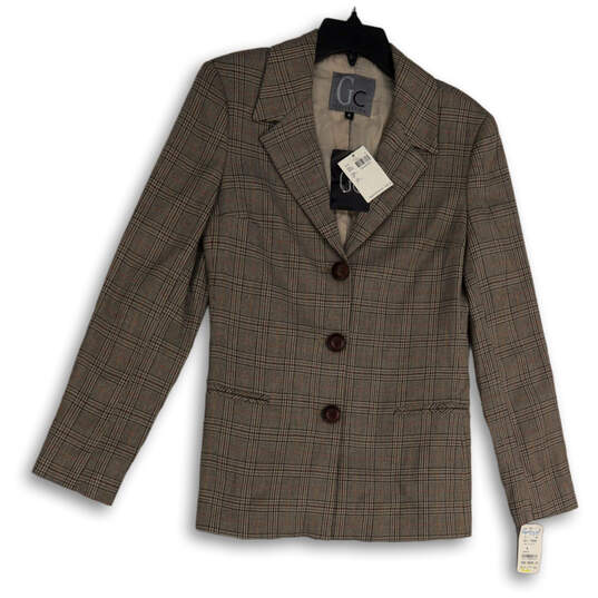 NWT Womens Brown Plaid Notch Lapel Single Breasted Blazer Jacket Size 8 image number 1