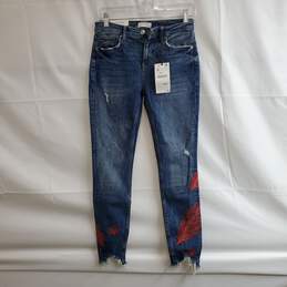 Zara Womens Premium Denim Embroidered Red Feather Jeans Distressed Sz 4