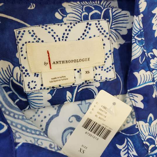 Anthropologie Blue/White Cotton Floral Print Shirt Dress NWT Size XS image number 3