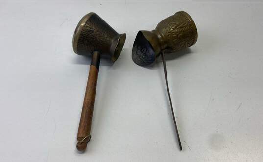 Vintage Turkish Coffee Pots Set of 2 Brass/ Metal Hammered Long Handle Pots image number 7