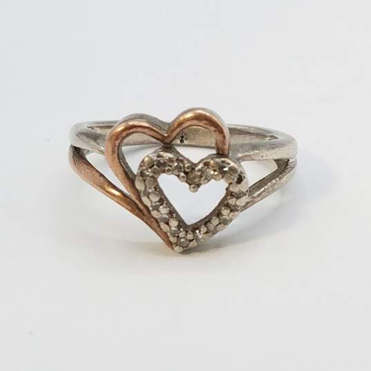 Sun / 10K Gold Accents Diamond Double Heart Sz 4 3/4 Ring 2.9g image number 1