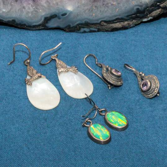 Bundle of 3 Sterling Silver Shell & Stone Accent Earrings - 13.3g image number 1