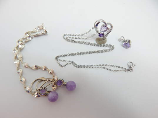 Contemporary 925 Amethyst & Diamond Accent Heart & Purple CZ Pendants Necklace Drop Earrings & Twisted Herringbone Chain Bracelet 10.4g image number 5