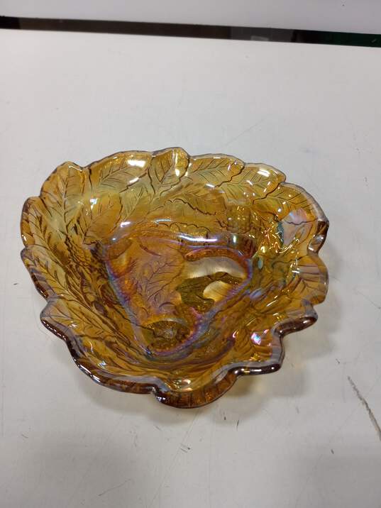 Triangular Amber Carnival Glass Leaf Bowl image number 2