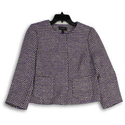 Womens Purple Tweed Long Sleeve Collarless Cropped Jacket Size 12