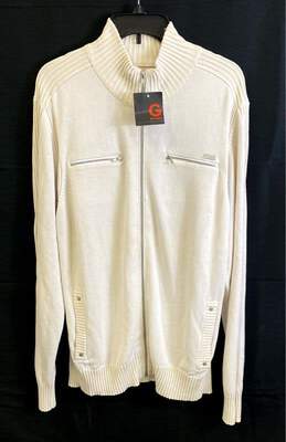 NWT G By Guess Mens White Cotton Knit Zipped Pockets Cardigan Sweater Size XL