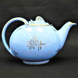Vintage Hall Pottery Periwinkle Cadet Blue Gold Teapot #0749 Hook Lid alternative image