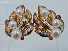 14K Yellow Gold Pearl 0.25 CTTW Diamond Ruby Floral Omega Pierced Earrings 11.8g