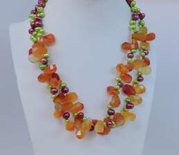 Diana Venezia 925 Faceted Orange Agate & Green & Pink Pearls Beaded Double Strand Toggle Necklace 138g