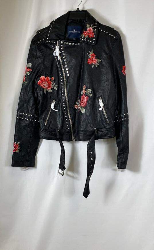 NWT American Eagle Womens Black Floral Leather Short Motorcycle Jacket Size XL image number 1