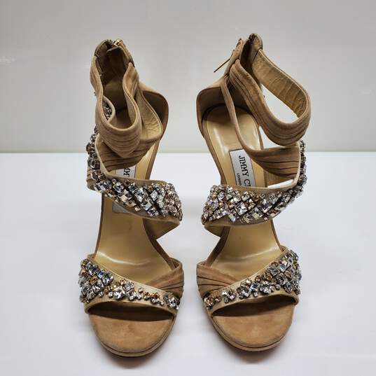 Jimmy Choo Kani Crystal Beige Leather Platform Sandals Size 38 AUTHENTICATED image number 1
