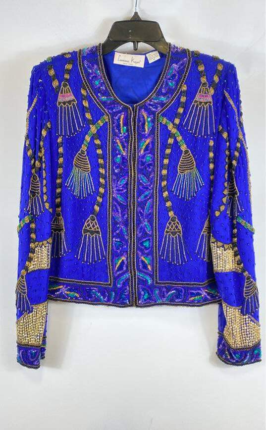 Laurence Kazar Womens Blue Long Sleeve Beaded Sequins Silk Basic Jacket Size M image number 1