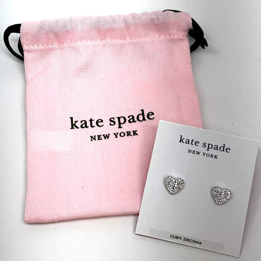 Designer Kate Spade Silver-Tone Rhinestone Heart Stud Earrings w/ Dust Bag image number 4