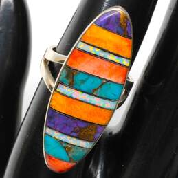 Artisan T Signed Sterling Silver Multi-Stone Inlay Ring Size 7