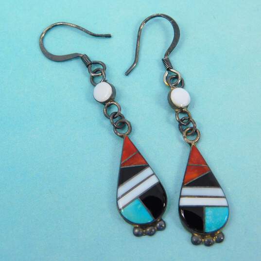 925 Signed LA Zuni MOP, Onyx, Coral & Turquoise Inlay Teardrop Earrings image number 1