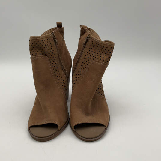 Womens Lakmeh Brown Leather Open Toe Side Zip Block Heel Booties Size 11M image number 1