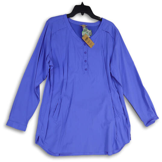 NWT Womens Blue Henley Neck Pleated Long Sleeve Tunic Blouse Top Size XXL image number 1