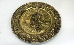 Vintage Brass Charger 14.5 Inch Spanish Galleon Motif Mid Century Wall Art