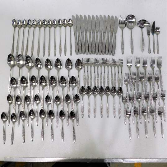 Eldan ELD18 Textured Roses Glossy Stainless Flatware Set of 99 Pcs. w/ Case image number 2