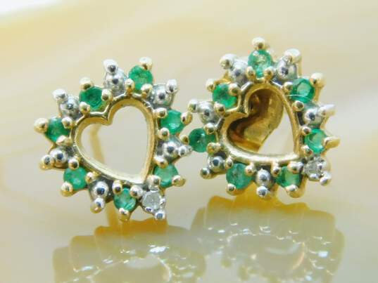 Romantic 10k Yellow Gold Green CZ & Diamond Accent Heart Stud Earrings 1.5g image number 2