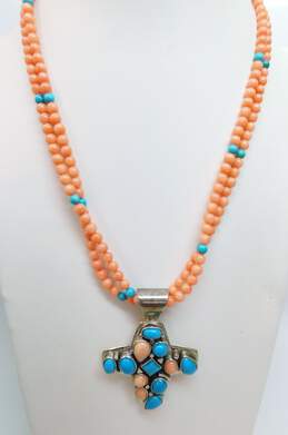 Desert Rose Trading 925 Coral & Turquoise Cross Pendant Statement Necklace 47.8g