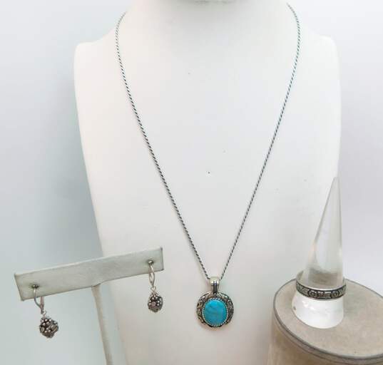 Carolyn Pollack Relios & Artisan 925 Southwestern Turquoise Floral Scrolled  Pendant Necklace Granulated Drop Earrings & Band Ring 19.5g