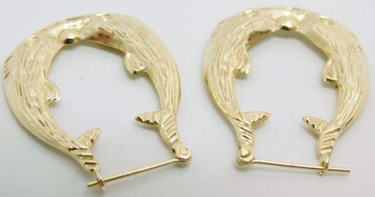 14K Yellow Gold Dolphins Puffed Oblong Hoop Earrings 2.6g image number 2