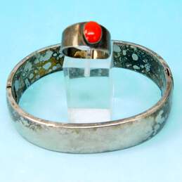 Israel & Artisan 925 Modernist Red Faux Stone Cabochon Band Ring & Chunky Hinged Oval Bangle Bracelet 75.9g