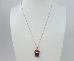 14K Yellow Gold Emerald Cut Purple Sapphire Pendant Necklace 8.3g