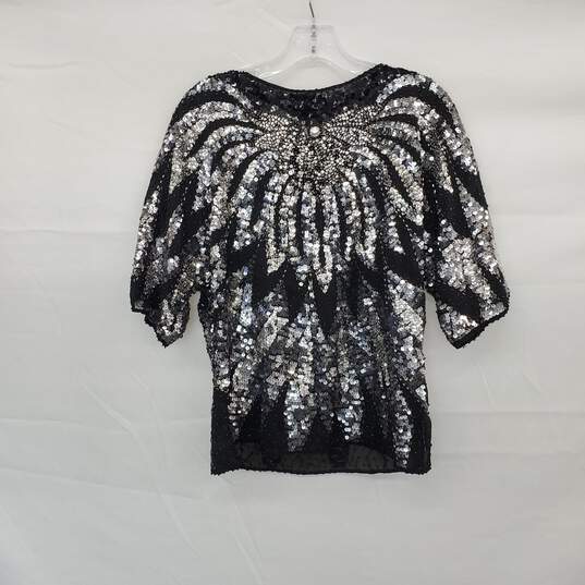 Iris Vintage Black Silver Sequin & Beaded Embellished Top WM Size S image number 2