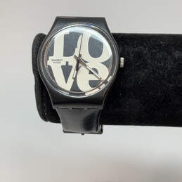 Designer Swatch Swiss Black Leather Strap Water Resistant Analog Wristwatch