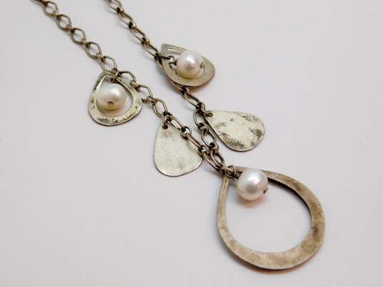 Artisan 925 Brushed Open Teardrops & Faux Pearls Pendant Necklace Stamped Lines Fan Hoop Earrings & Ring 22.7g image number 2