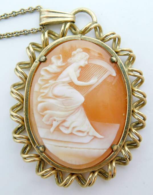 VTG 14K Yellow Gold Woman & Harp Cameo Pendant Chain Necklace 6.4g image number 3