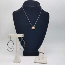 Sterling Silver Sz 8 Dainty Modernist Ring 3 Inch Drop Cut Out Earrings 3 Charm Necklace Bundle 3pcs 12.3g