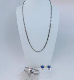 Sterling Silver Rope Detail Cuff, Necklace & Sodalite Clip Earrings 66.2g
