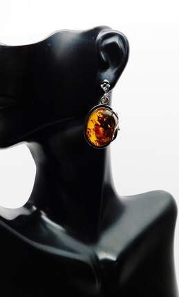 Artisan 925 Amber Cabochon Granulated Ring & Art Nouveau Leaves Drop Earrings alternative image