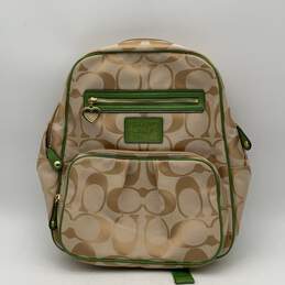 Coach Womens Beige Green Signature Print Zipper Backpack With Beige Wallet
