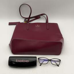 Kate Spade And Bebe Womens Tote Handbag Burgundy Leather w/ Black Eyeglasses