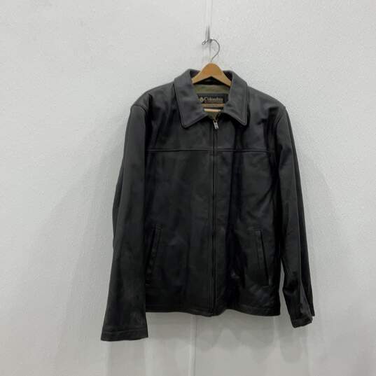 Mens Black Leather Spread Collar Pockets Long Sleeve Full Zip Jacket Size Medium image number 1