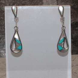 Artisan SKJ Signed Sterling Silver Mother of Pearl Turquoise Earrings - 4.1g alternative image